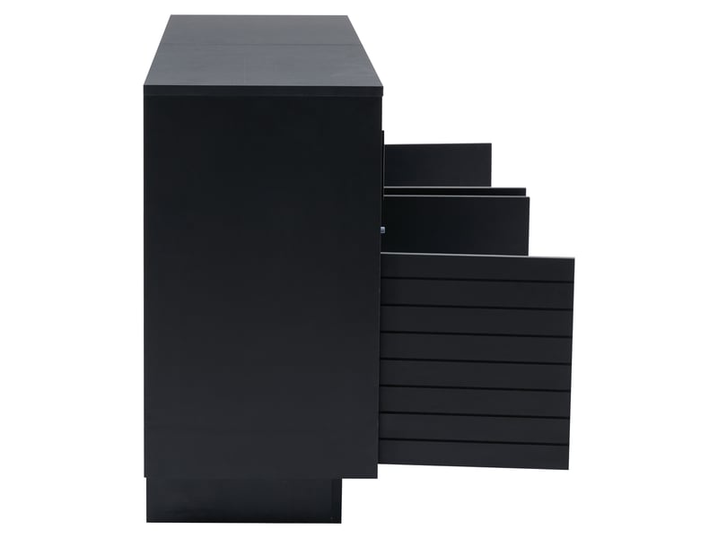  Buffet noir 130x35x68 cm avec 4 portes vitres coulissantes et éclairage led intégré panneau de particules  - Conforama E