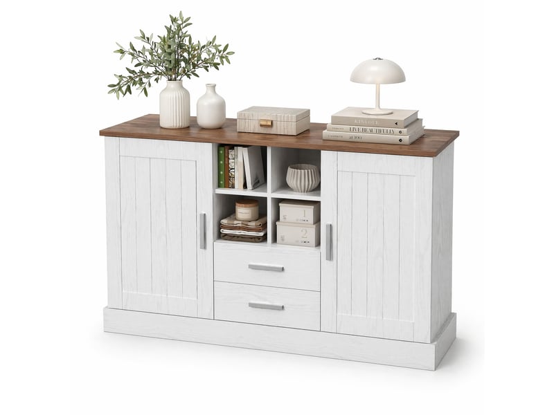  Buffet 140 x 40 x 79,5 cm blanc et brun, panneaux de particules, 2 portes, 2 tiroirs, 4 niches de rangement  - Conforama A