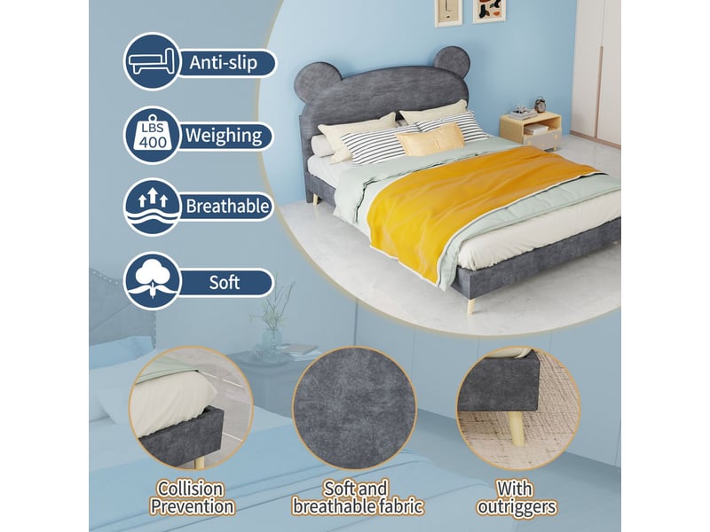  Lit double 140 x 200 cm tête de lit capitonnée en tissu doux matelas à ressorts ensachés solution de sommeil confortable structure durable gris  - Conforama E