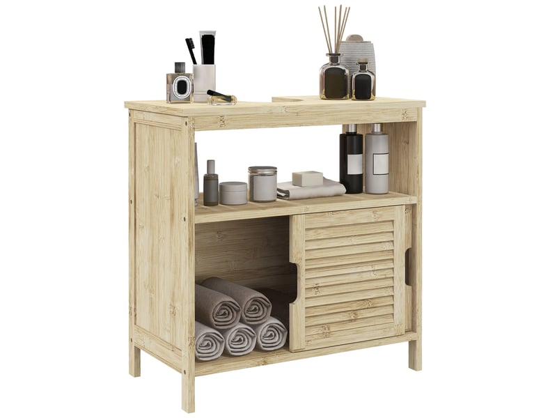  Meuble sous lavabo en bambou, meuble de rangement pour salle de bain avec 2 portes, 60 x 30 x 60 cm, bois naturel  - Conforama A