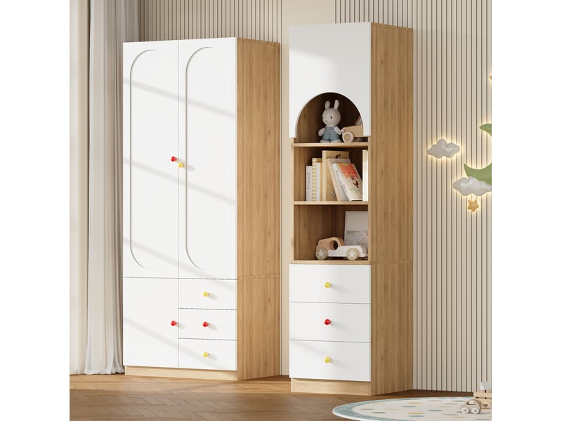  Armoire enfant 2 portes avec étagère de rangement, blanche et bois clair, 6 tiroirs, pour chambre organisée  - Conforama B