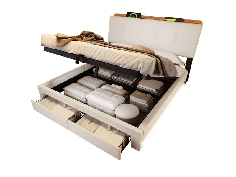  Lit coffre 140x200 cm led usb et usb-c avec rangements coloris beige  - Conforama A