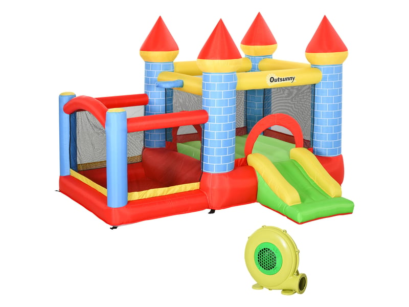  Château gonflable avec toboggan et piscine pour 3 enfants, avec gonfleur, pour les 3-8 ans, rouge, bleu et vert, 280 x 260 x 210 cm  - Conforama B