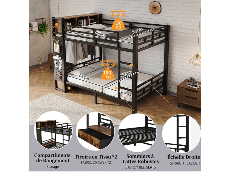  Lit superposé métal noir 120x200 avec rangement intégré, penderie et tiroir sans matelas  - Conforama E