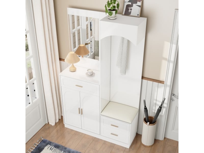 Garde-robe moderne et compacte: armoire et meuble à chaussures avec miroir, rangement d'entrée multifonction - Conforama E