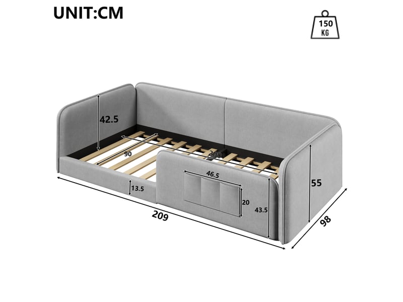  Lit simple plateforme 90x200, gris, mdf, équipé de poches latérales de rangement et de cadre de sécurité, sans matelas  - Conforama C