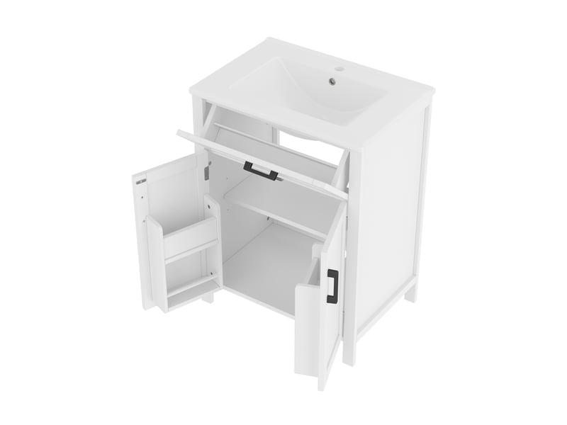 Meuble vasque salle de bain blanc 60 cm avec lavabo céramique intégré, tiroirs et étagères réglables - Conforama E
