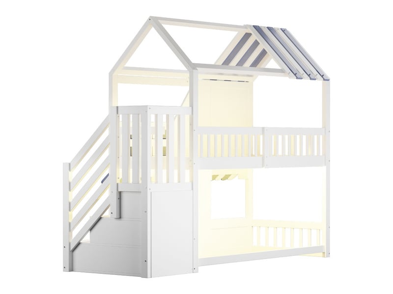 Lit superposé enfants, 90x200cm, lit cabane avec éclairage led et étagères, fenêtres et porte, blanc  - Conforama E