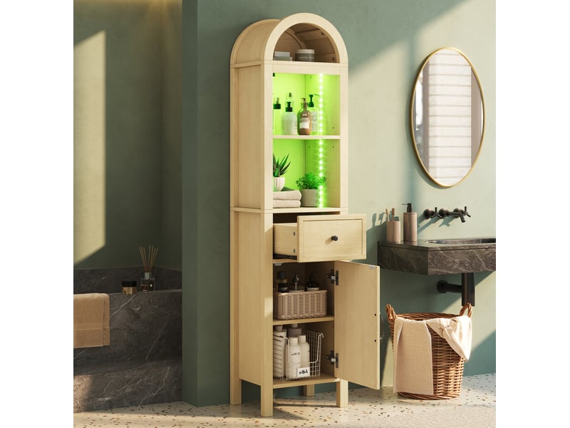 Armoire haute de salle de bain 40 x 30 x 163 cm en mdf bois clair, led rgb, tiroir et porte réversible - Conforama B