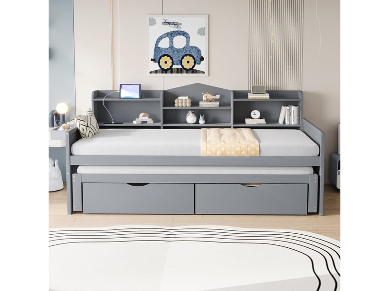  Canapé-lit 90x200 cm avec lit gigogne 90x190 cm, lit simple avec 2 tiroirs et panier de rangement, gris, lit enfant avec prise usb  - Conforama A