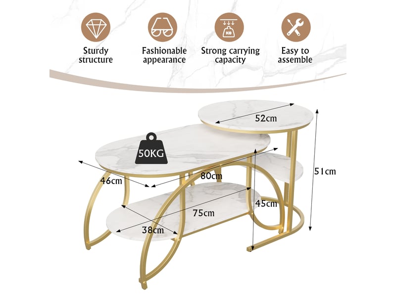  Lot de 2 tables basses - 80x46x45cm - table de salon gigognes rondes plateau effet marbre blanc et métal - doré  - Conforama E