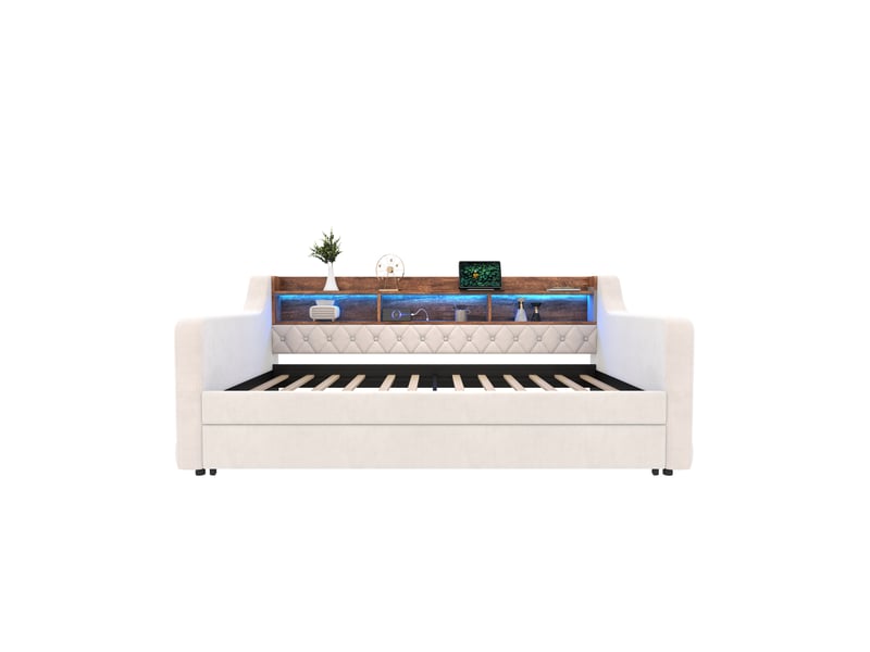  Canapé-lit convertible velours beige 90x190 cm avec rangement led usb-c cadre métal bois  - Conforama A