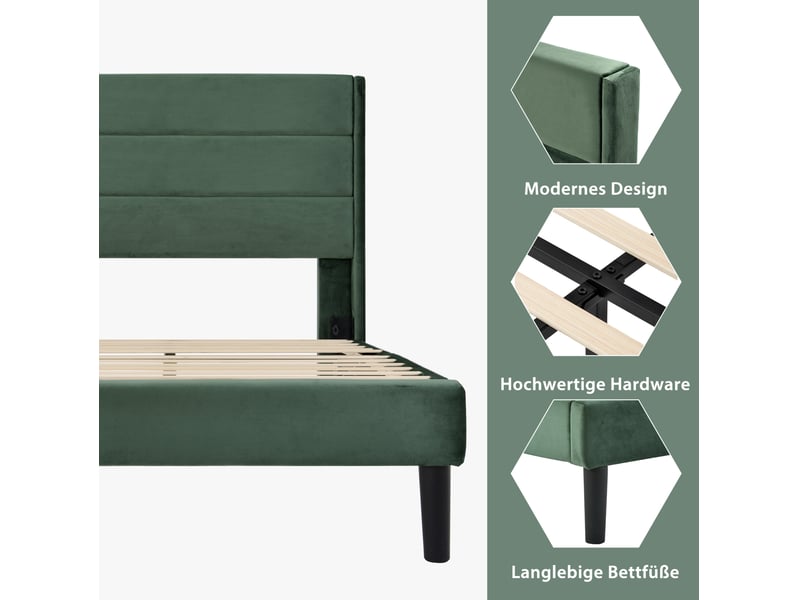  Lit simple 90x200 cm, lit enfant, avec tête de lit, pieds antidérapants, velours et métal, vert foncé, matelas inclus  - Conforama E