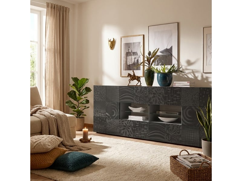  Buffet bahut de salon 2 portes 4 tiroirs miro - gris foncé  - Conforama B