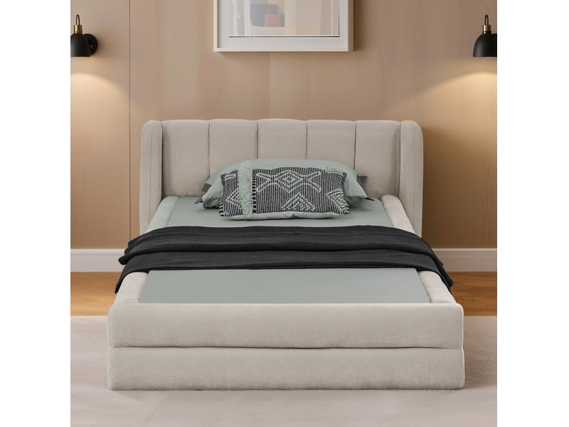  Lit simple 90x200cm confortable dossier capitonné anti-boulochage soutien renforcé mousse chenille beige sans matelas  - Conforama W
