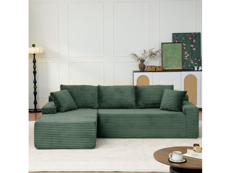 Canapé d’angle modulable gauche compressé 4 places en mousse et velours côtelé couleur vert, style moderne - Conforama B