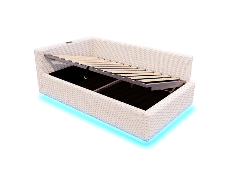  Lit rembourré velours beige 90x200 cm avec led, usb, type-c et rangement hydraulique  - Conforama E