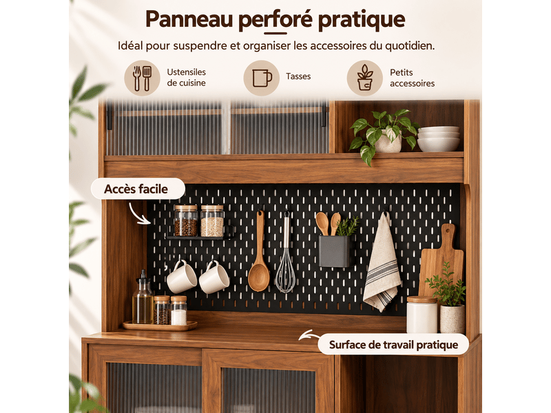  Buffet de cuisine avec portes coulissantes en verre cannelé, tiroirs et étagères ouvertes, panneau perforé, mdf et panneau de particules OMNIGLINT TRADING LTD - Conforama E