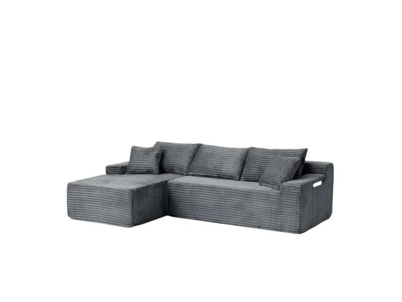  Canapé d’angle modulable gauche compressé 4 places en mousse et velours côtelé couleur gris, style moderne  - Conforama A