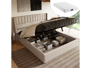 Lit coffre hydraulique, lit double rembourré, cadre métal, lin beige, 140x200cm, avec sommier et matelas