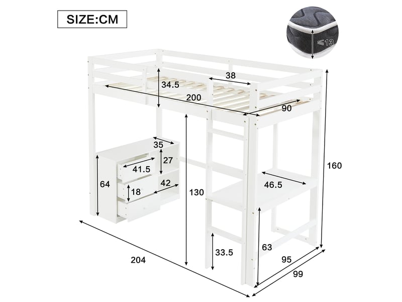  Lit mezzanine 90x200 cm coloris blanc pin lit enfant blanc - Conforama C