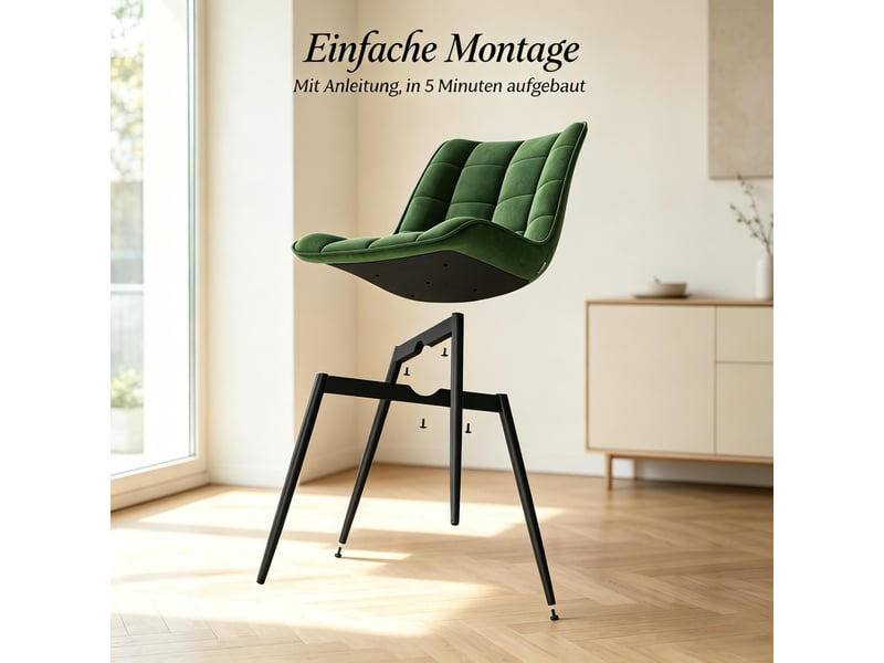  Chaises de salle à manger lot de 2 ergonomiques - dossier rembourré pieds en métal, velours vert foncé  - Conforama E