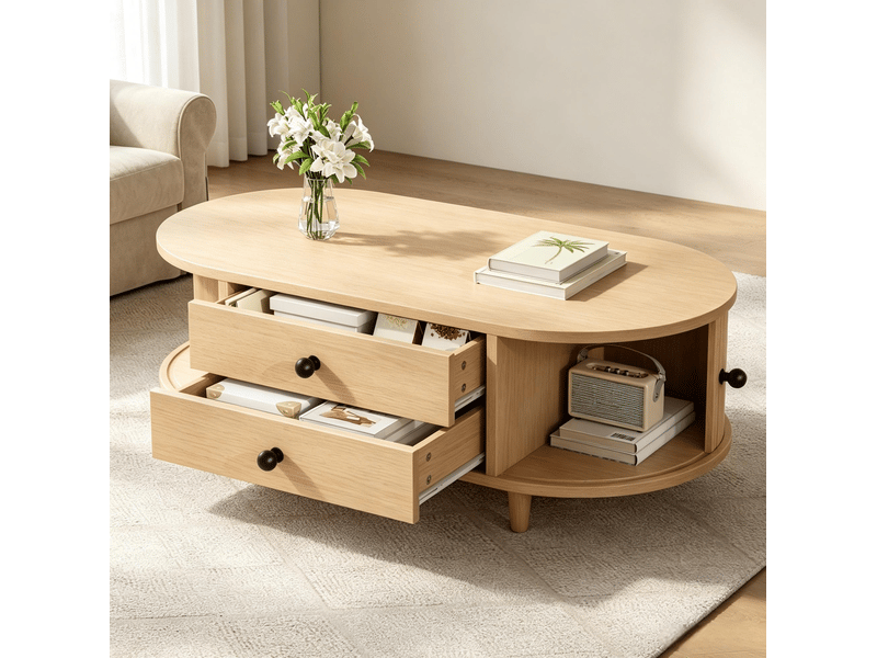  Table basse 100x50x36 cm avec portes à rideau et 2 tiroirs en mdf coloris naturel  - Conforama C