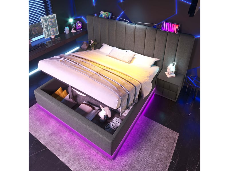 Lit 180x200 cm en lin avec rangement, led, usb-c et sommier gris chicfurn  - Conforama D