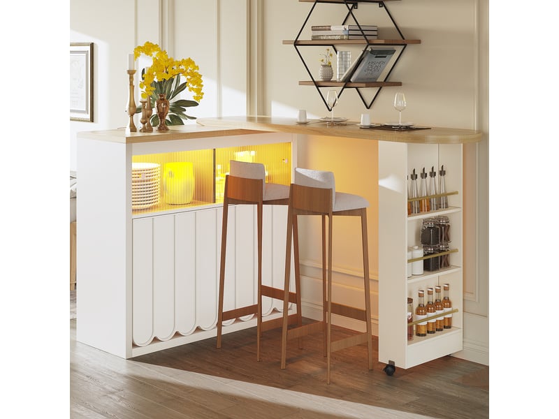  Table de bar extensible 135-205x39x100 cm, mobile sur roulettes avec frein, led et rangements, mdf et verre, blanc  - Conforama W