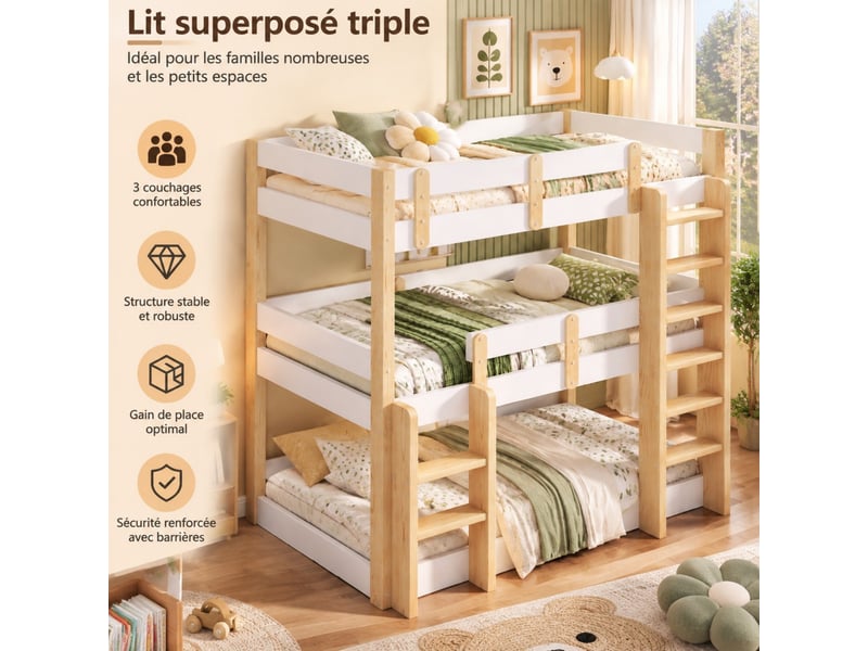  Lit superposé triple 90x190 cm blanc, 3 couchages en pin et mdf, avec échelle intégrée et garde-corps  - Conforama B