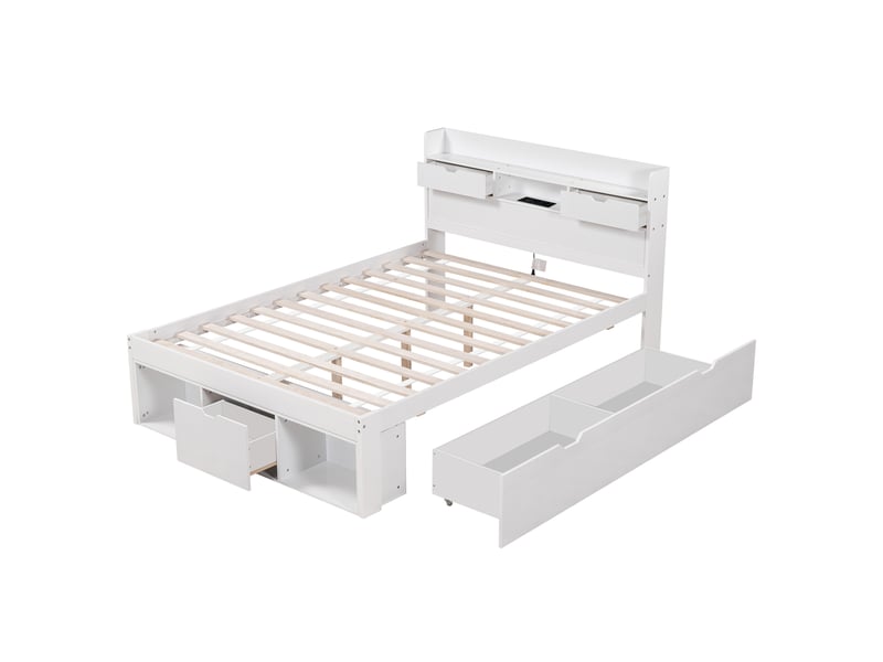 Lit avec rangement 140x190 cm blanc, tête équipée, tiroirs et usb Fay Lum - Conforama R