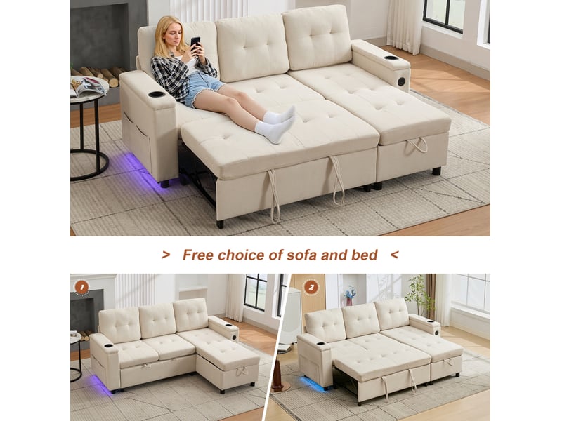  Canapé d'angle convertible 3 places 208 x 146 cm – beige – rangement, led et ports de charge intégrés  - Conforama E