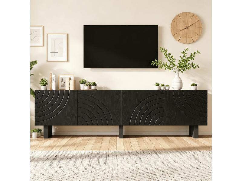  Meuble tv noir 180 cm banc tv 4 portes pour écran 75 pouces finition mate  - Conforama E