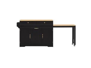Îlot de cuisine 188.6x40x91cm avec plan de travail, roulettes, tiroirs, rangements et tablette latérale extensible, noir et naturel