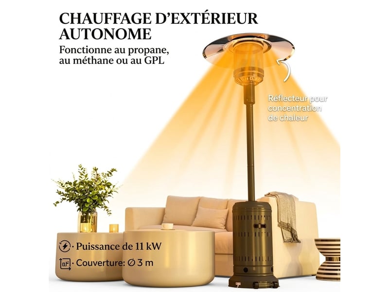  Parasol chauffant gaz extérieur 11 kw – chauffage de terrasse radiant au propane avec allumage piézo, sécurité anti-basculement et roulettes – pour jardin et terrasse – noir  - Conforama C