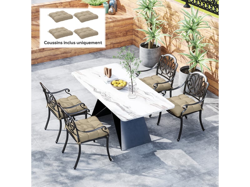  Lot de 4 coussins de chaise de jardin, coussins extérieurs capitonné, rembourrage 10 cm avec attaches, 48 x 48 cm kaki  - Conforama D