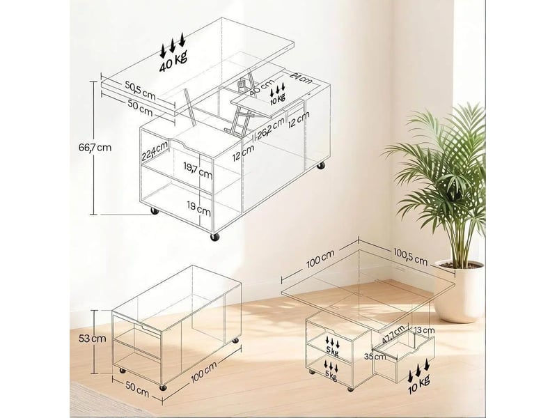  Table basse relevable et extensible à roulettes, bois et métal, brun rustique  - Conforama E