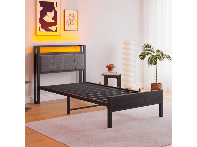 Cadre de lit 90x200 cm métal avec tête de lit led, ports usb et sommier renforcé silencieux - Conforama E