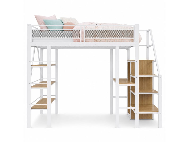  Lit mezzanine 140x200 cm avec bureau, armoire, étagères et escalier, blanc  - Conforama A