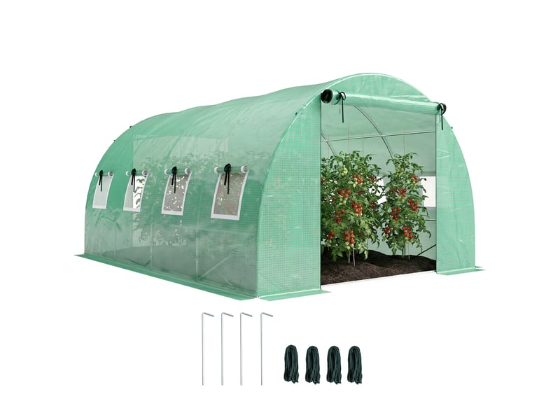  Serre d'environ 4 x 3 x 2 m, serre en aluminium avec roulettes, 2 portes à fermeture éclair et 8 fenêtres en filet, poteaux de soutien, verte  - Conforama A