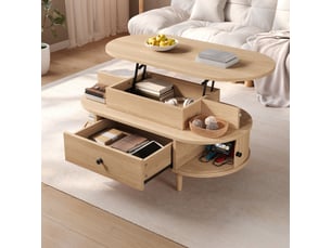 Table basse ovale relevable avec rangement, table de salon hydraulique avec plateau élévateur, tiroir central et portes coulissantes, mdf, pieds en bois d'hévéa, naturel