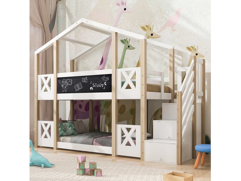  Lit superposé enfant 90 x 200 cm avec escalier de rangement et tableau, blanc naturel  - Conforama D