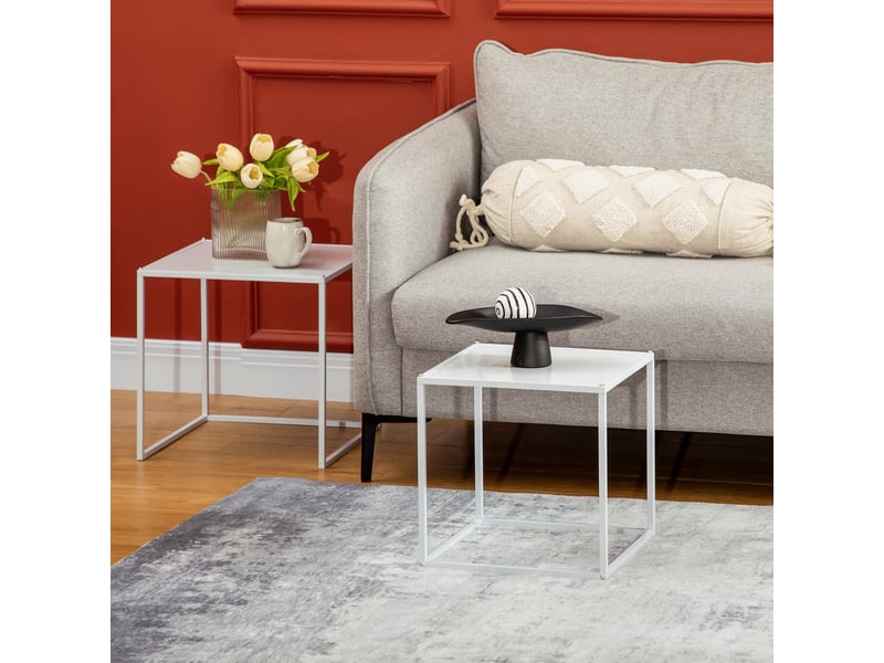  Lot de 2 tables basses gigognes, lot de 2 tables gigognes de salon, modulables, style industriel, en acier, blanc mat  - Conforama W