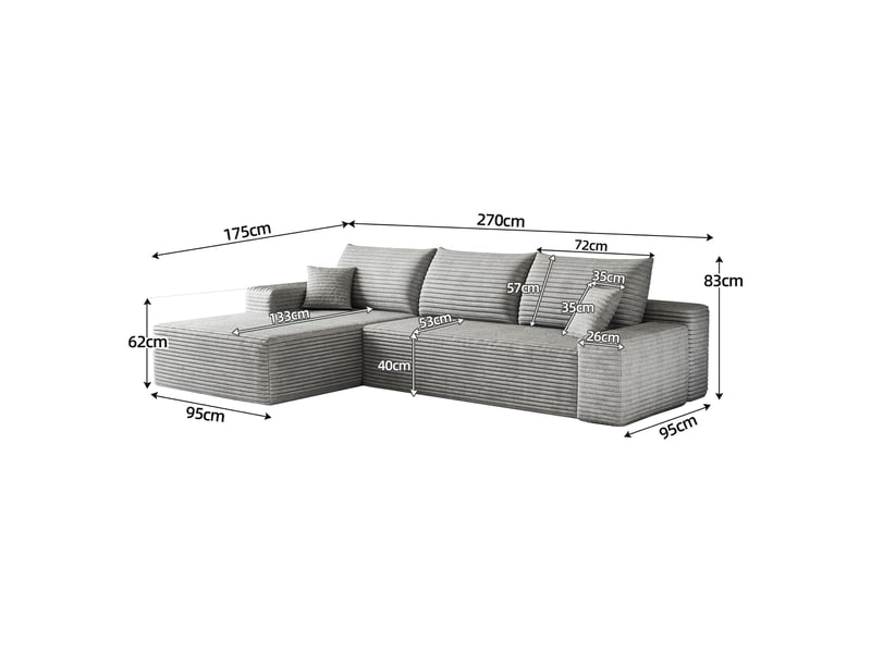  Canapé d’angle modulable 270 cm en velours côtelé, méridienne en l, assise profonde, sans montage, gris IKSETERA TRADING LTD - Conforama C