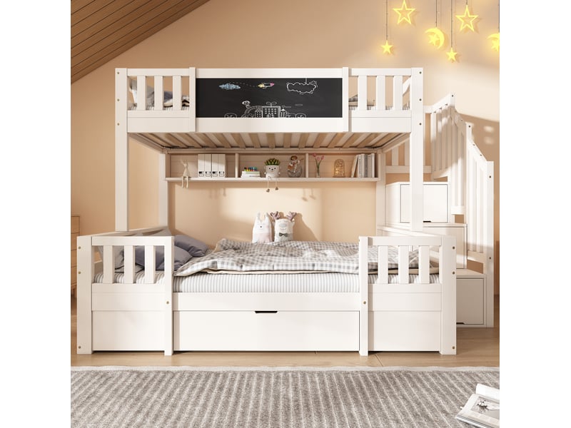  Lit superposé 90x200cm+140x200cm avec tableau noir escalier coffre, 2 tiroirs, bois et mdf, blanc, sans matelas  - Conforama D