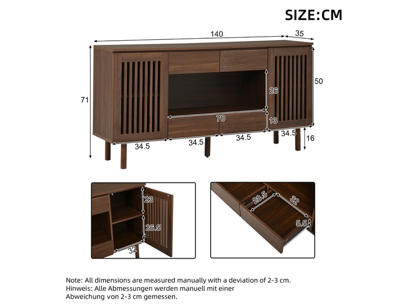 Buffet 140x35x71 cm effet noyer avec 4 tiroirs et 2 portes persiennes - Conforama C