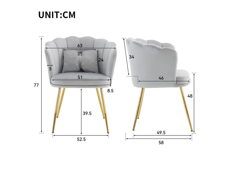 Chaise rembourrée tcqpz lot de 4 en velours gris 63 x 58 x 77 cm dossier pétale pieds en métal doré - Conforama C