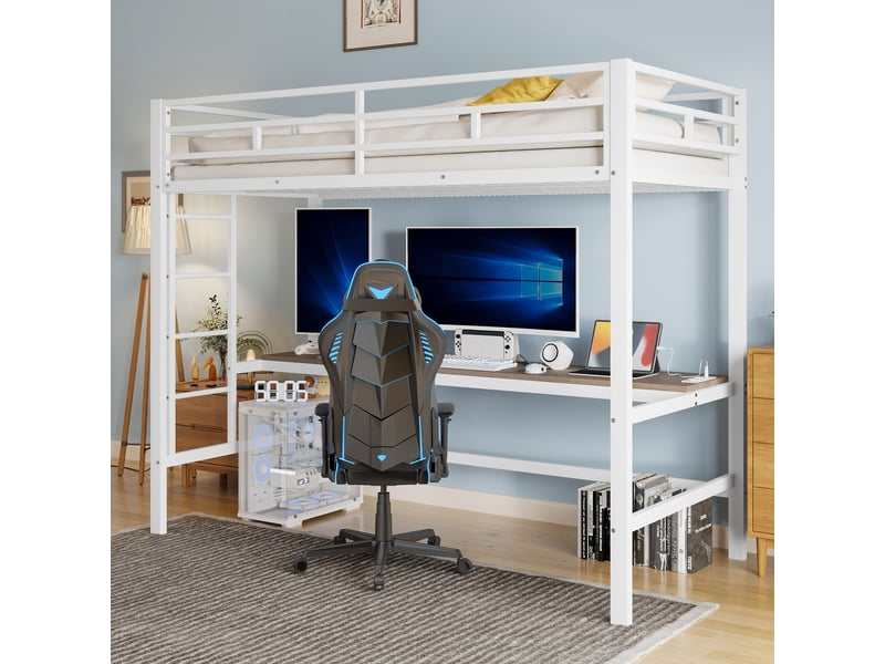  Lit mezzanine, lit simple en métal avec bureau, prise, usb, type-c et led, 200x90 cm, sans matelas, blanc  - Conforama C