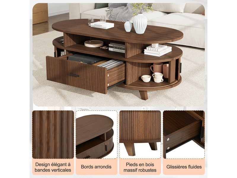 Table basse ovale avec rangement, 1 tiroir, aspect noyer, 100 x 50 x 40 cm - Conforama W