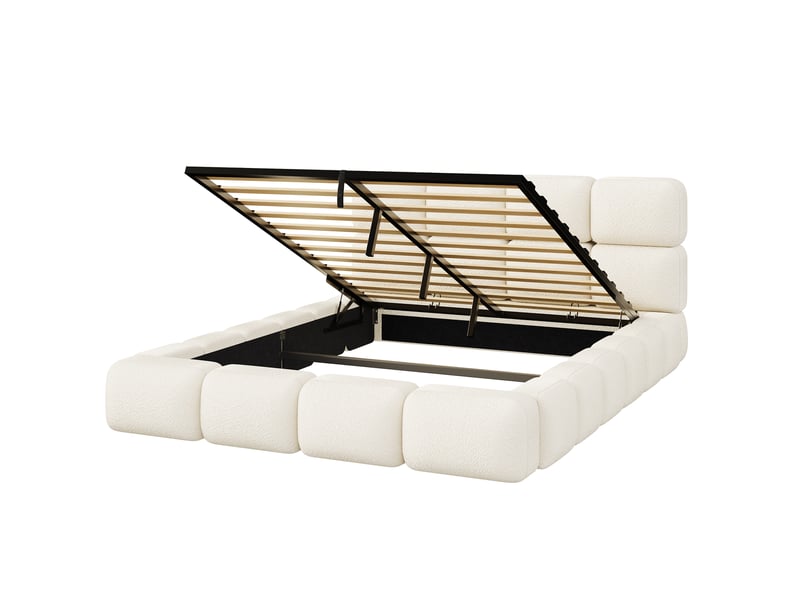  Lit coffre 160x200 cm, lit double, design nuage, coffre hydraulique, sommier à lattes, tête rembourrée, bouclé blanc  - Conforama A